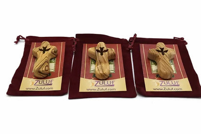 Handmade olive wood cross with dove cutout from bethlehem holy land small christian pocket religious gift velvet bag