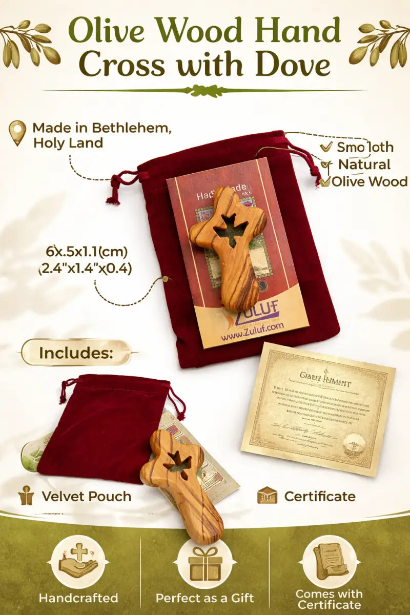 Handmade olive wood cross with dove cutout from bethlehem holy land small christian pocket religious gift velvet bag