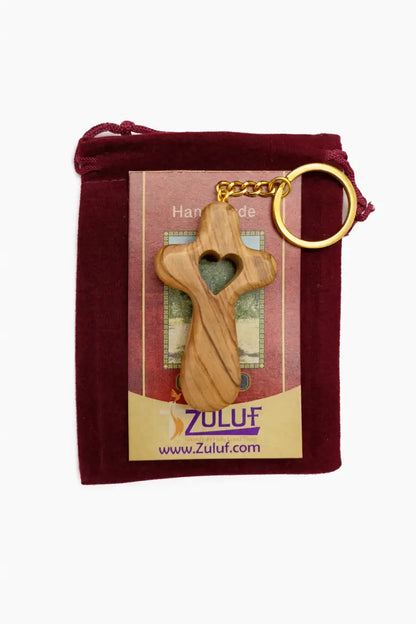 Handmade olive wood cross with heart from bethlehem christian pocket prayer gift certificate and velvet bag holy land