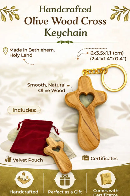 Handmade olive wood cross with heart from bethlehem christian pocket prayer gift certificate and velvet bag holy land