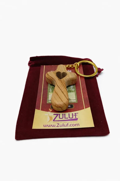 Handmade olive wood cross with heart from bethlehem christian pocket prayer gift certificate and velvet bag holy land