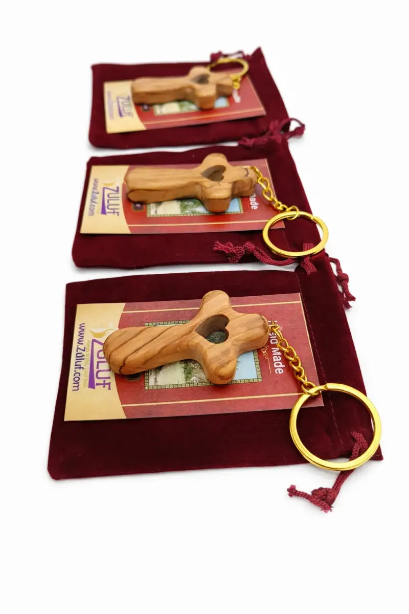 Handmade olive wood cross with heart from bethlehem christian pocket prayer gift certificate and velvet bag holy land