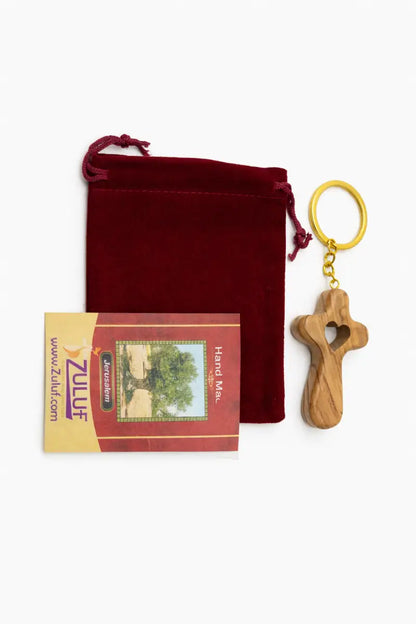 Handmade olive wood cross with heart from bethlehem christian pocket prayer gift certificate and velvet bag holy land