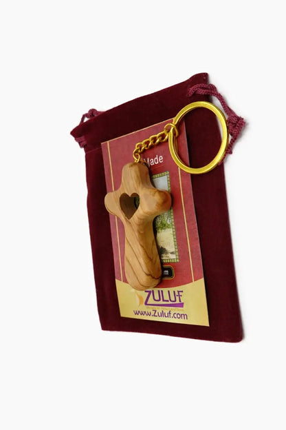 Handmade olive wood cross with heart from bethlehem christian pocket prayer gift certificate and velvet bag holy land