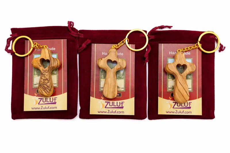 Handmade olive wood cross with heart from bethlehem christian pocket prayer gift certificate and velvet bag holy land