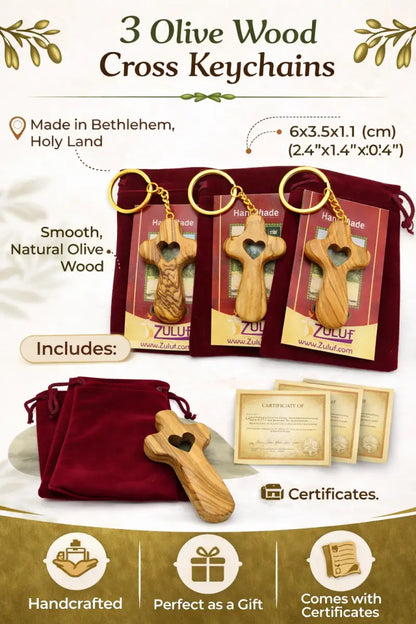 Handmade olive wood cross with heart from bethlehem christian pocket prayer gift certificate and velvet bag holy land
