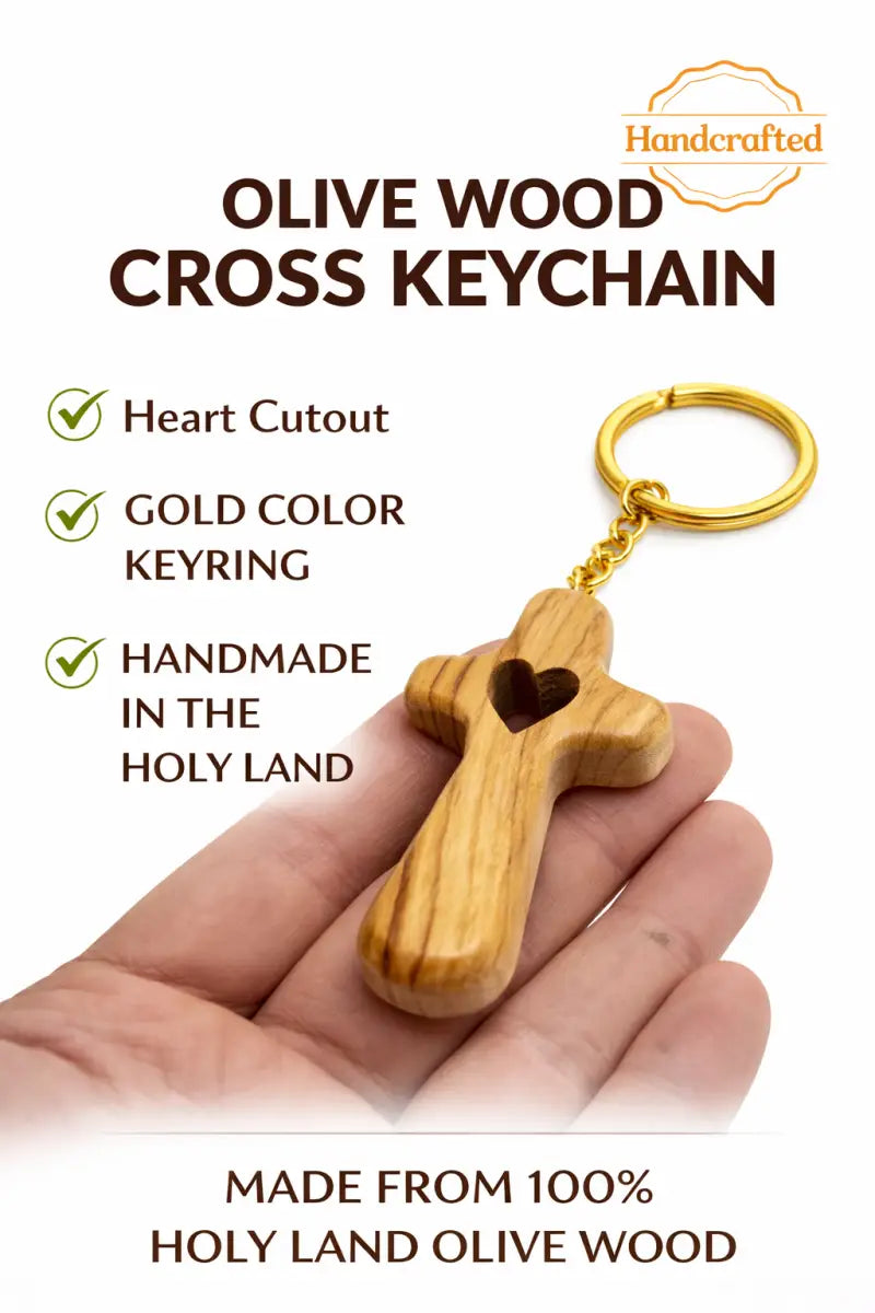 Handmade olive wood cross with heart from bethlehem christian pocket prayer gift certificate and velvet bag holy land