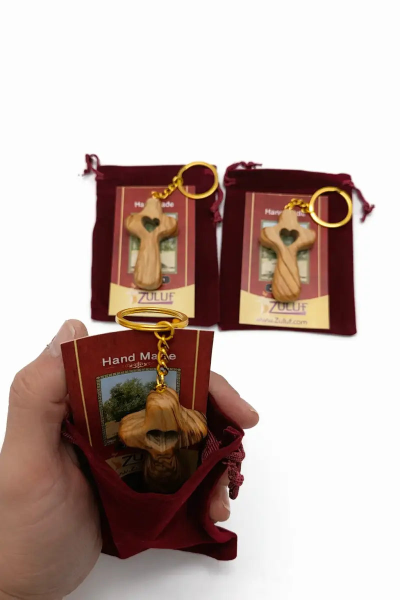 Handmade olive wood cross with heart from bethlehem christian pocket prayer gift certificate and velvet bag holy land