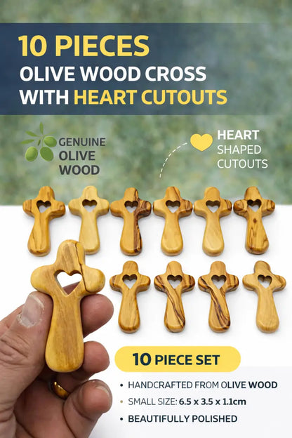 Handmade olive wood cross with heart cutout from bethlehem holy land small christian pocket religious gift velvet bag