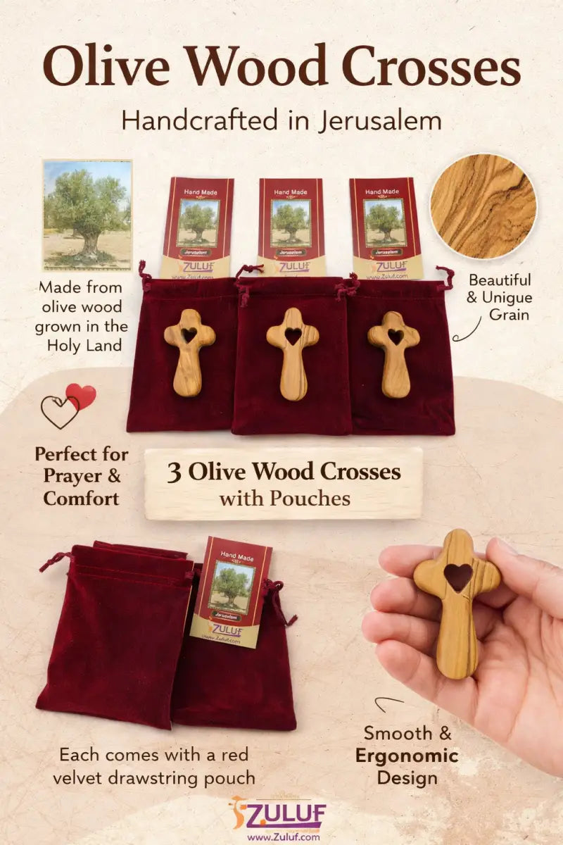 Handmade olive wood cross with heart cutout from bethlehem holy land small christian pocket religious gift velvet bag