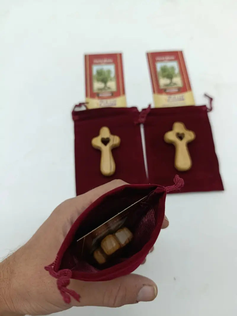 Handmade olive wood cross with heart cutout from bethlehem holy land small christian pocket religious gift velvet bag