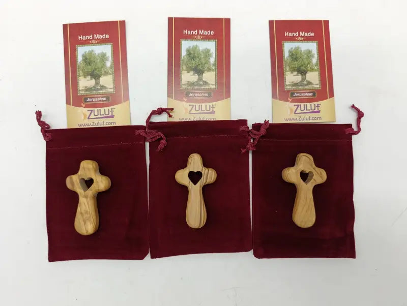 Handmade olive wood cross with heart cutout from bethlehem holy land small christian pocket religious gift velvet bag