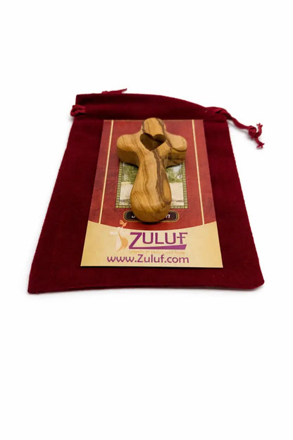 Handmade olive wood cross with heart cutout from bethlehem holy land small christian pocket religious gift velvet bag