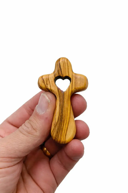 Handmade olive wood cross with heart cutout from bethlehem holy land small christian pocket religious gift velvet bag
