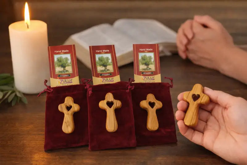 Handmade olive wood cross with heart cutout from bethlehem holy land small christian pocket religious gift velvet bag