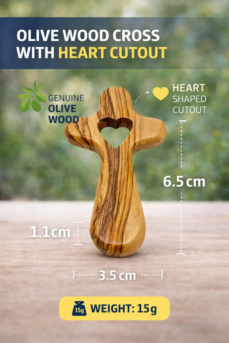 Handmade olive wood cross with heart cutout from bethlehem holy land small christian pocket religious gift velvet bag