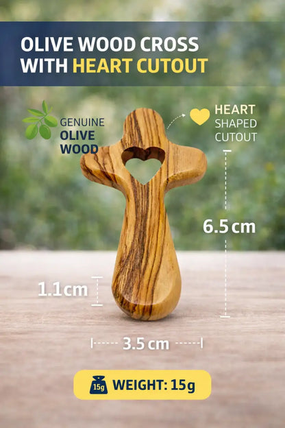 Handmade olive wood cross with heart cutout from bethlehem holy land small christian pocket religious gift velvet bag