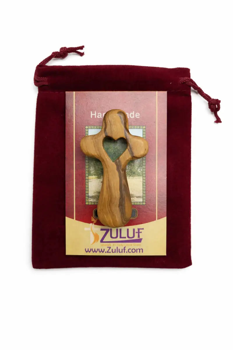 Handmade olive wood cross with heart cutout from bethlehem holy land small christian pocket religious gift velvet bag