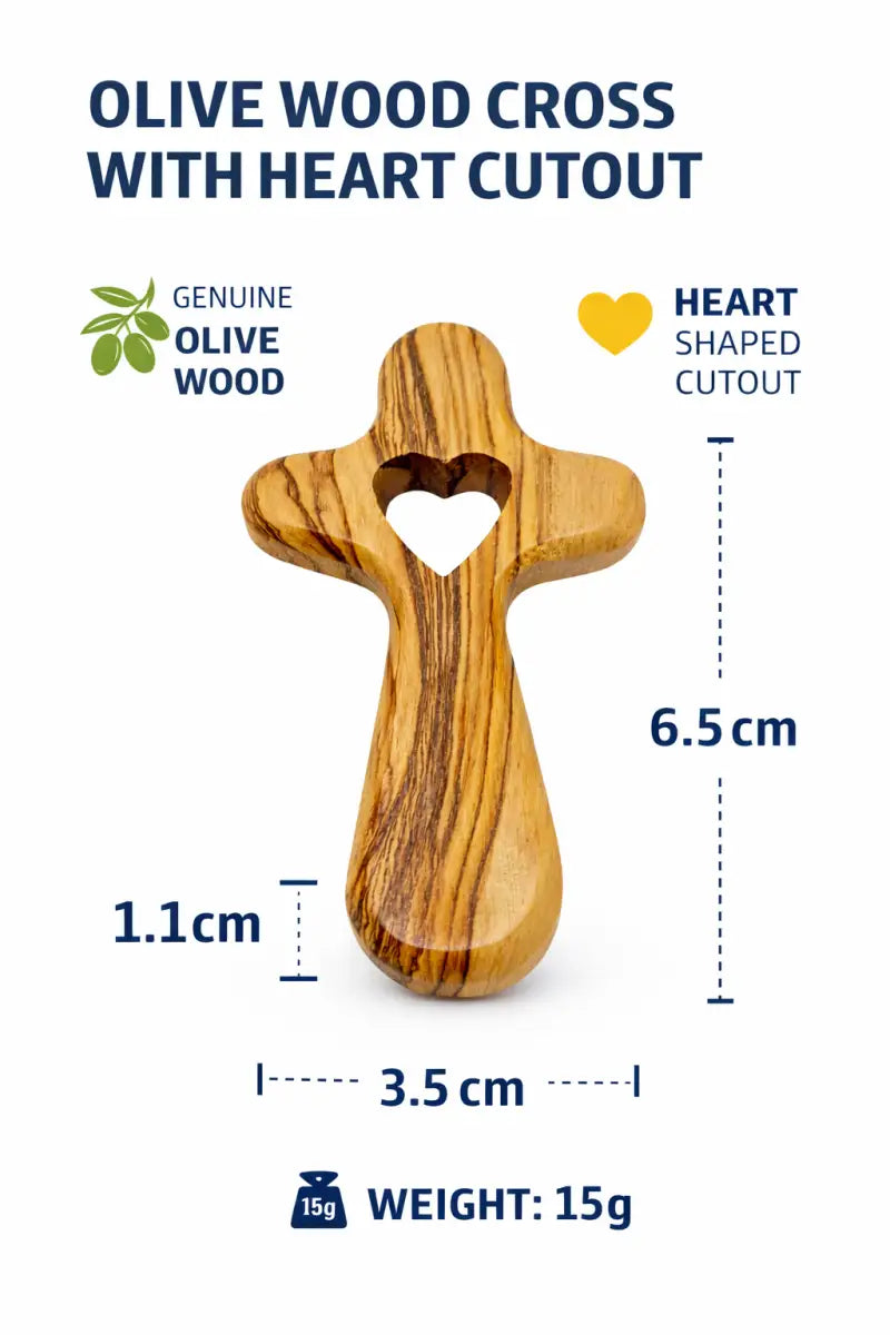 Handmade olive wood cross with heart cutout from bethlehem holy land small christian pocket religious gift velvet bag