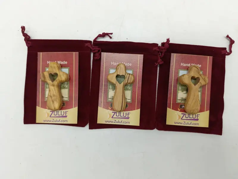 Handmade olive wood cross with heart cutout from bethlehem holy land small christian pocket religious gift velvet bag