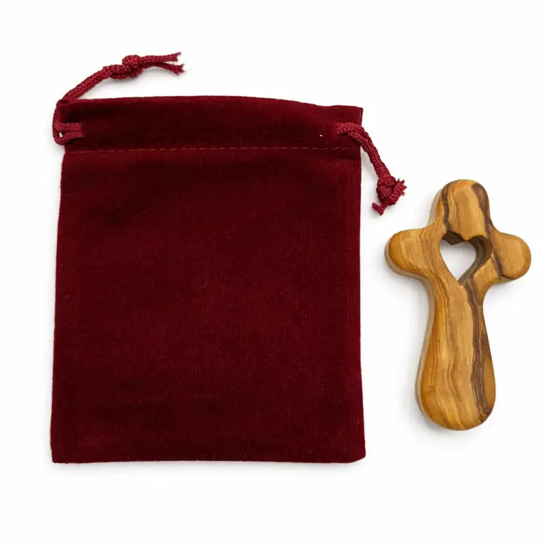 Handmade olive wood cross with heart cutout from bethlehem holy land small christian pocket religious gift velvet bag