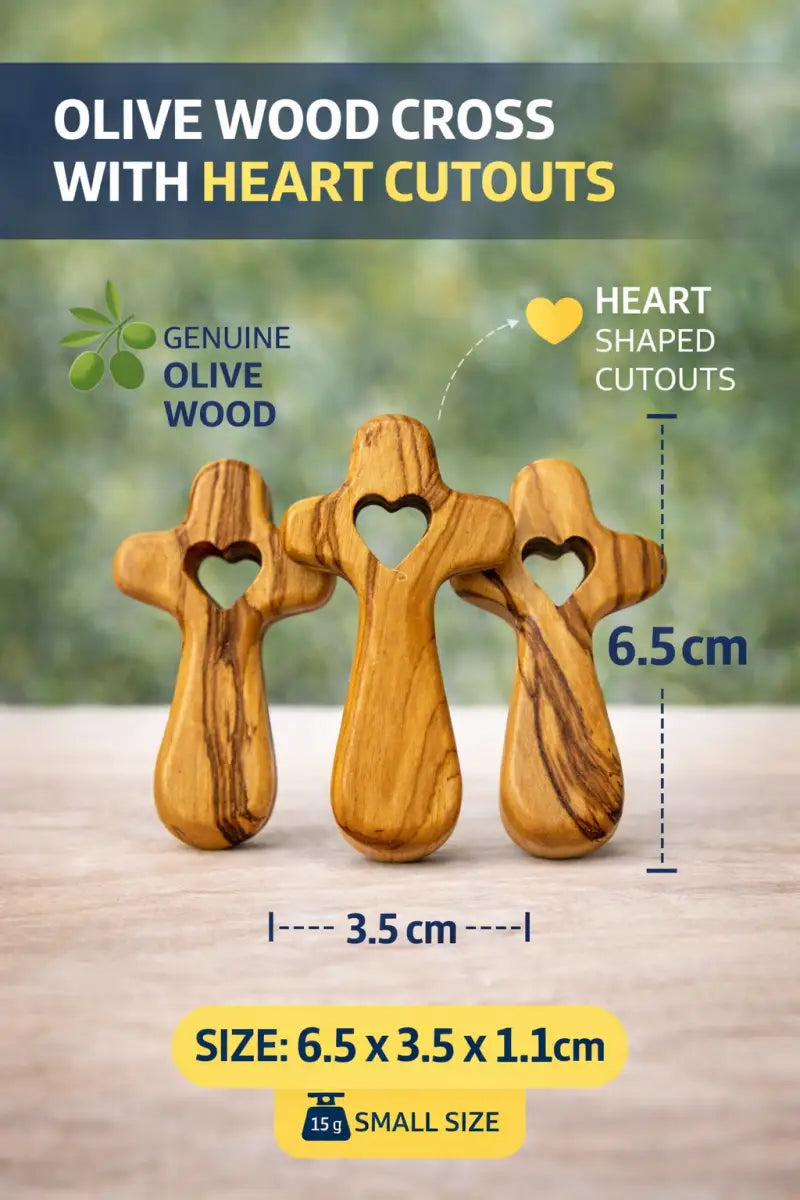 Handmade olive wood cross with heart cutout from bethlehem holy land small christian pocket religious gift velvet bag