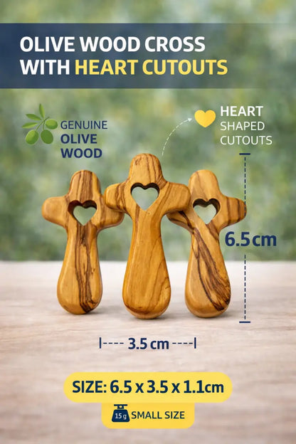 Handmade olive wood cross with heart cutout from bethlehem holy land small christian pocket religious gift velvet bag