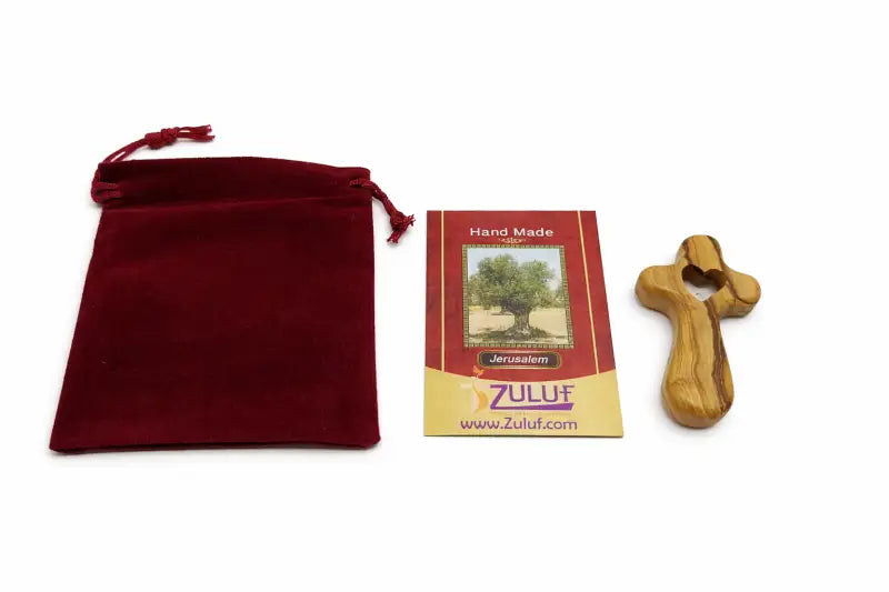 Handmade olive wood cross with heart cutout from bethlehem holy land small christian pocket religious gift velvet bag