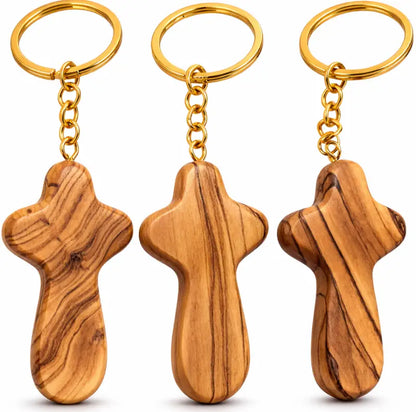 Handmade olive wood cross keychain from bethlehem – holy land christian key ring with certificate of origin 2.4 x 1.4
