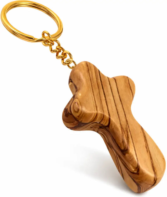 Handmade olive wood cross keychain from bethlehem – holy land christian key ring with certificate of origin 2.4 x 1.4