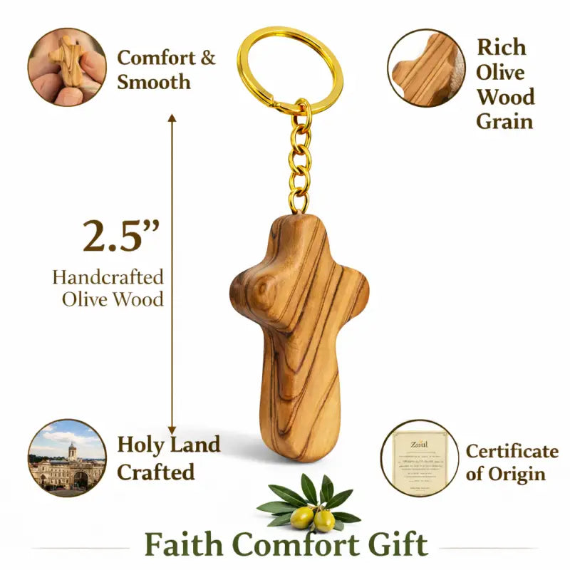 Handmade olive wood cross keychain from bethlehem – holy land christian key ring with certificate of origin 2.4 x 1.4