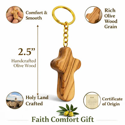 Handmade olive wood cross keychain from bethlehem – holy land christian key ring with certificate of origin 2.4 x 1.4