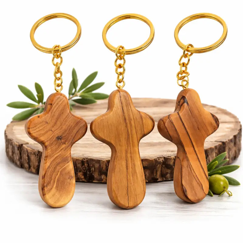 Handmade olive wood cross keychain from bethlehem – holy land christian key ring with certificate of origin 2.4 x 1.4