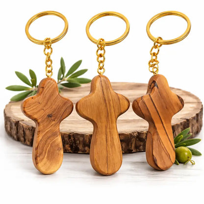 Handmade olive wood cross keychain from bethlehem – holy land christian key ring with certificate of origin 2.4 x 1.4