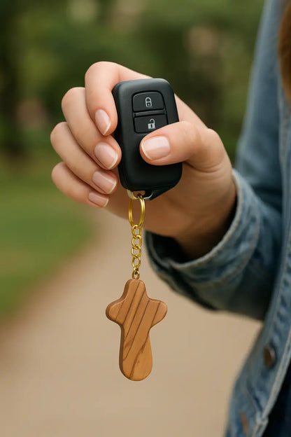 Handmade olive wood cross keychain from bethlehem – holy land christian key ring with certificate of origin 2.4 x 1.4