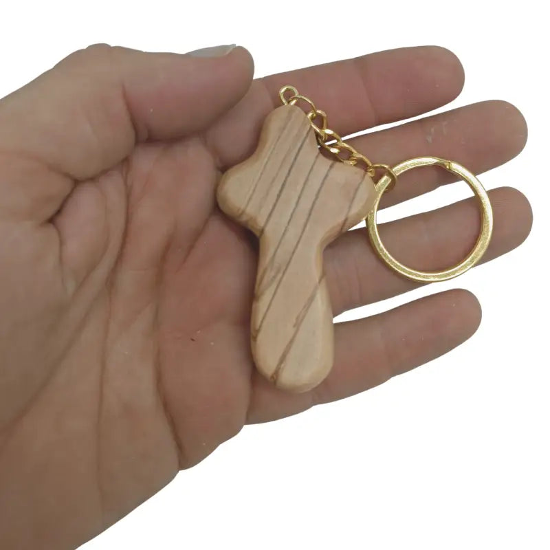 Handmade olive wood cross keychain from bethlehem – holy land christian key ring with certificate of origin 2.4 x 1.4