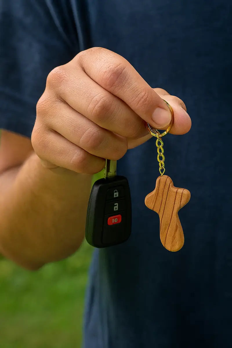 Handmade olive wood cross keychain from bethlehem – holy land christian key ring with certificate of origin 2.4 x 1.4
