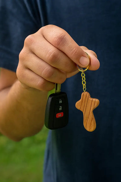 Handmade olive wood cross keychain from bethlehem – holy land christian key ring with certificate of origin 2.4 x 1.4