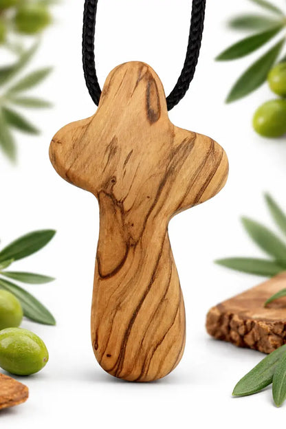 Handmade olive wood cross necklace from bethlehem – holy land christian pendant with cord 2.4 x 1.4 inches - crosses