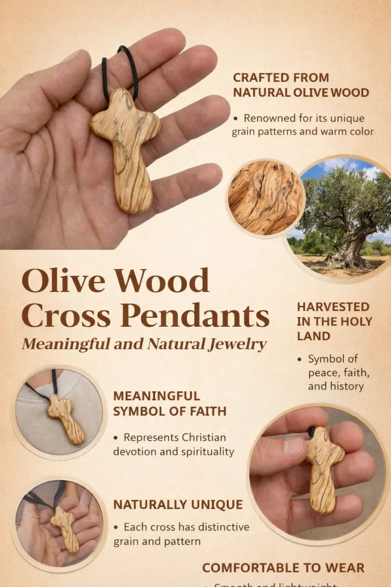 Handmade olive wood cross necklace from bethlehem – holy land christian pendant with cord 2.4 x 1.4 inches - crosses