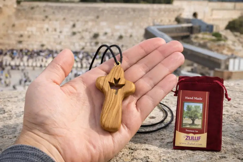Handmade olive wood cross necklace with dove cutout from bethlehem – holy land christian pendant cord velvet gift pouch
