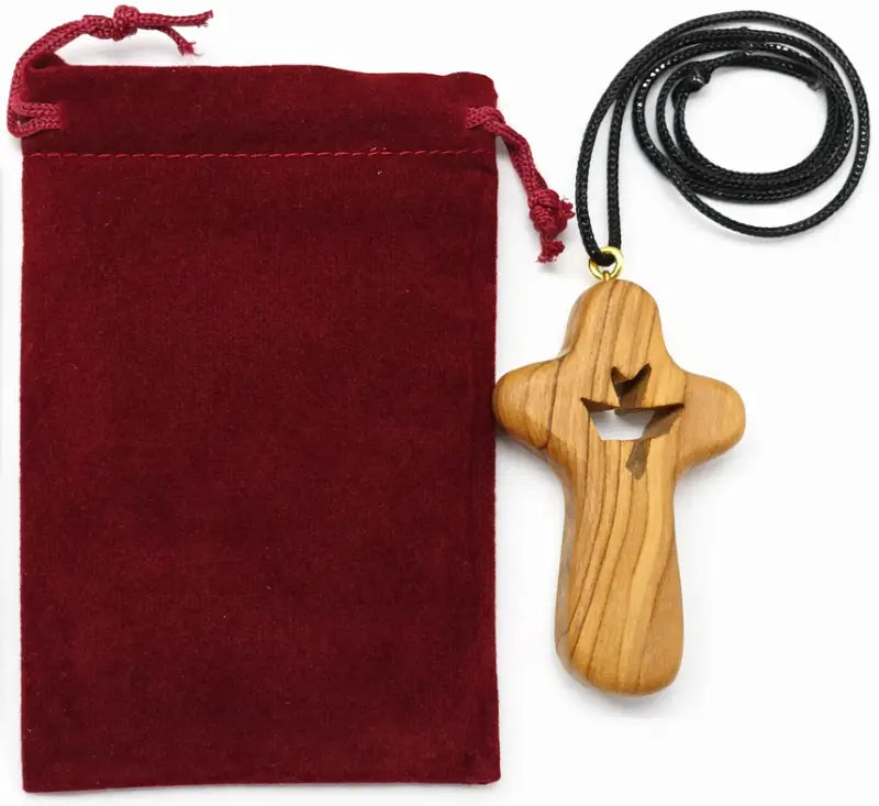 Handmade olive wood cross necklace with dove cutout from bethlehem – holy land christian pendant cord velvet gift pouch