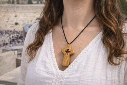 Handmade olive wood cross necklace with dove cutout from bethlehem – holy land christian pendant cord velvet gift pouch