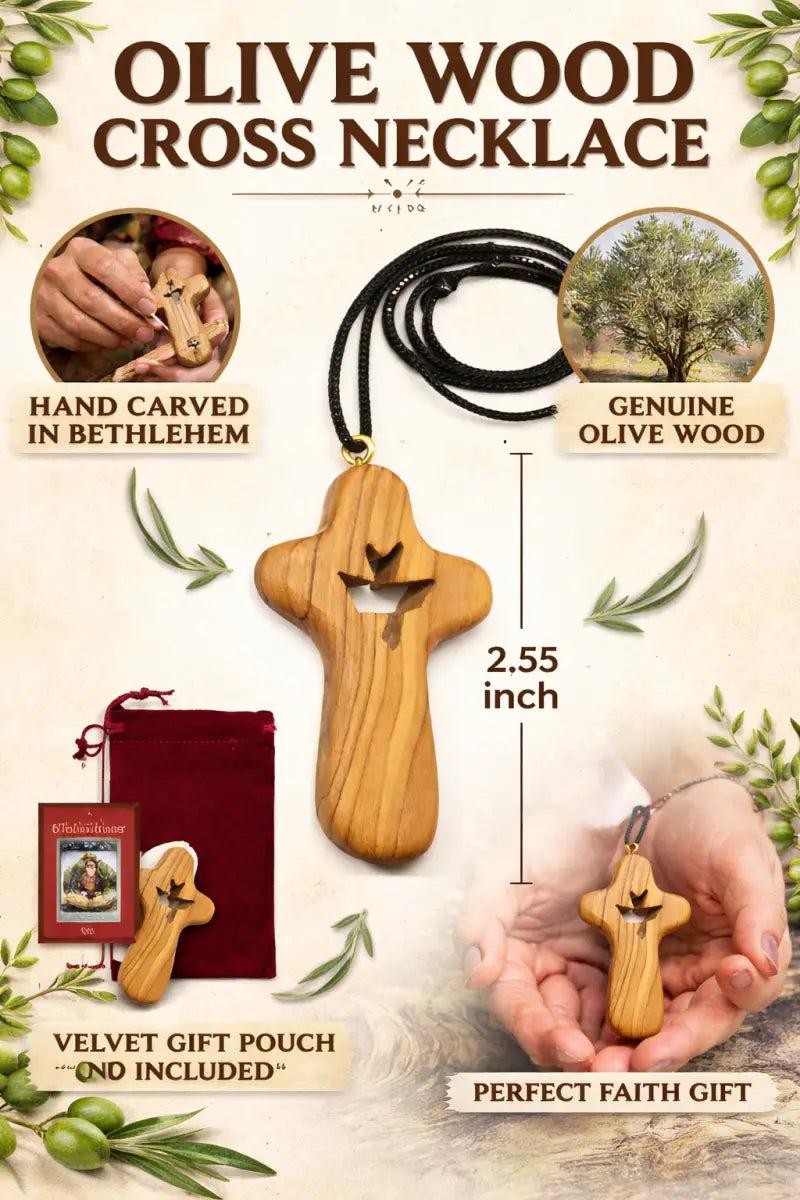 Handmade olive wood cross necklace with dove cutout from bethlehem – holy land christian pendant cord velvet gift pouch
