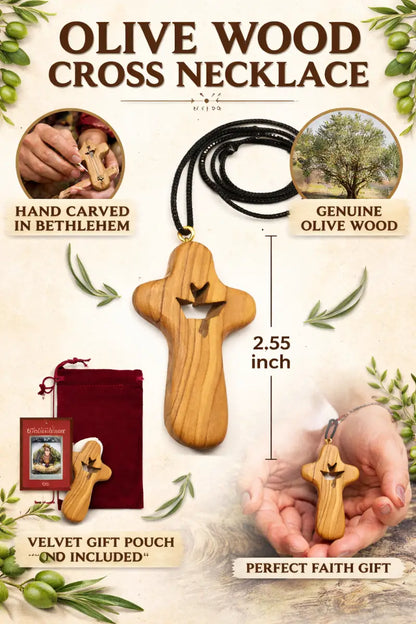 Handmade olive wood cross necklace with dove cutout from bethlehem – holy land christian pendant cord velvet gift pouch
