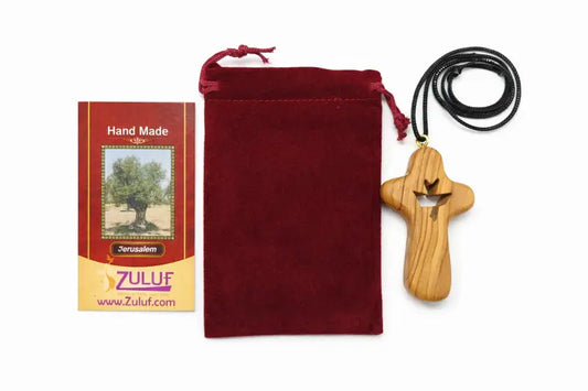 Handmade olive wood cross necklace with dove cutout from bethlehem – holy land christian pendant cord velvet gift pouch