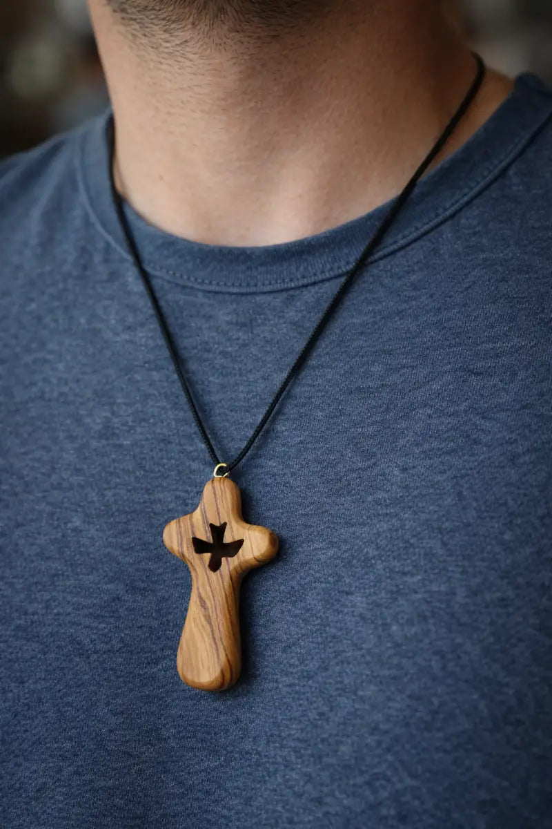 Handmade olive wood cross necklace with dove cutout from bethlehem – holy land christian pendant cord velvet gift pouch