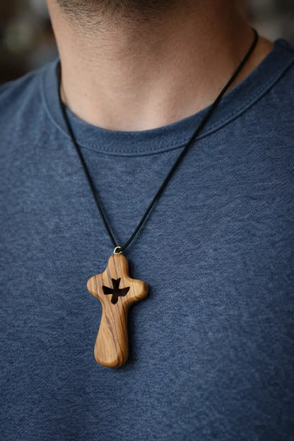 Handmade olive wood cross necklace with dove cutout from bethlehem – holy land christian pendant cord velvet gift pouch