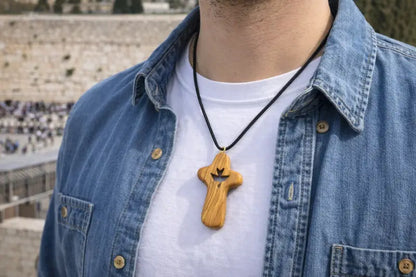 Handmade olive wood cross necklace with dove cutout from bethlehem – holy land christian pendant cord velvet gift pouch