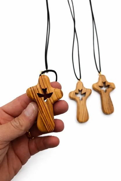Handmade olive wood cross necklace with dove cutout from bethlehem – holy land christian pendant cord velvet gift pouch